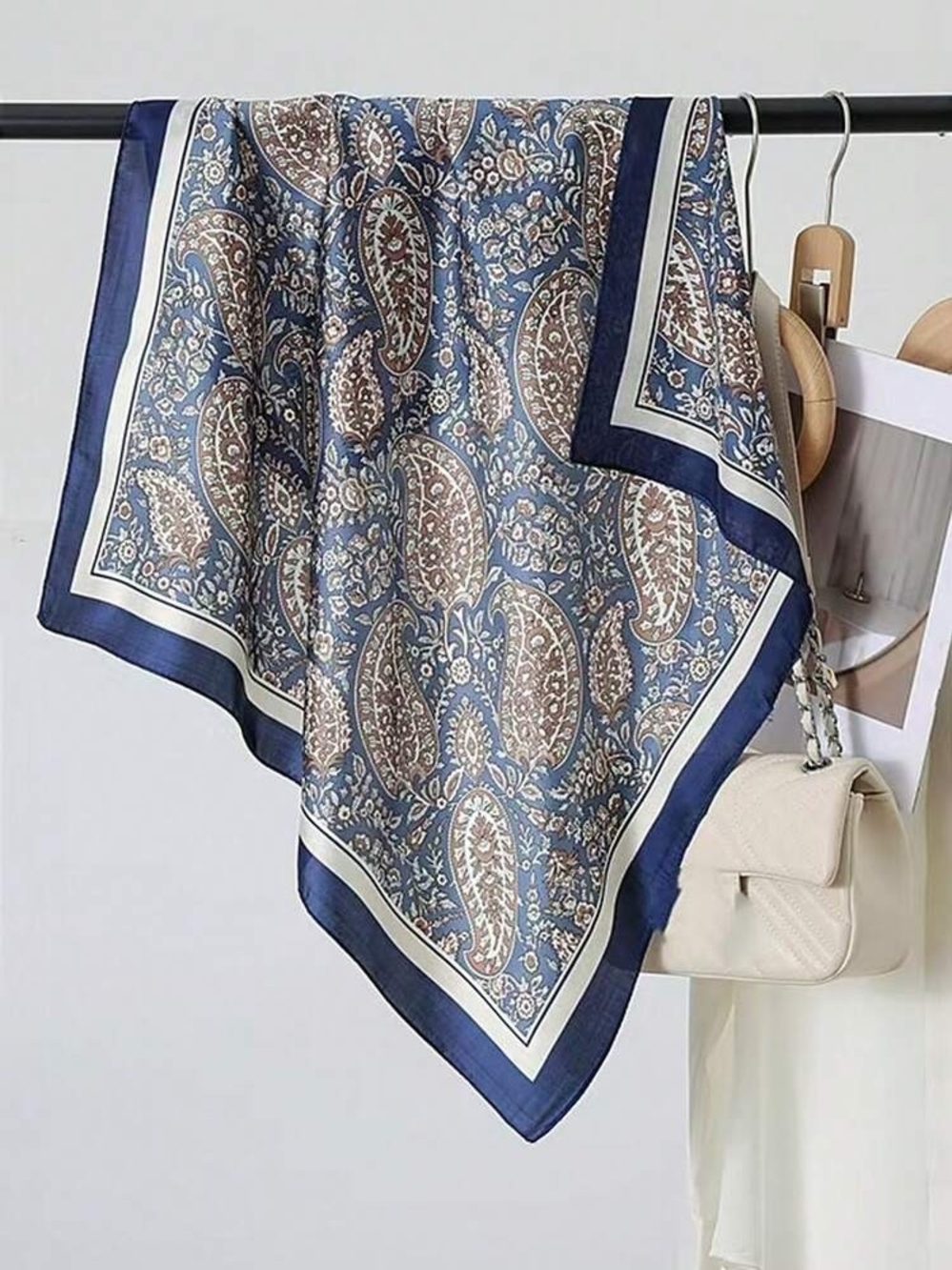 Silk-feel Blue and Brown Paisley Head , Neck Scarf 70*70cm - Picture 3 of 4
